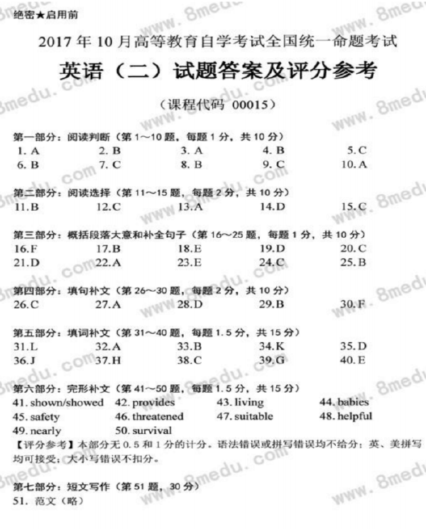 2017年10月自考英語二真題-1 2017年10月自考英語二真題-1