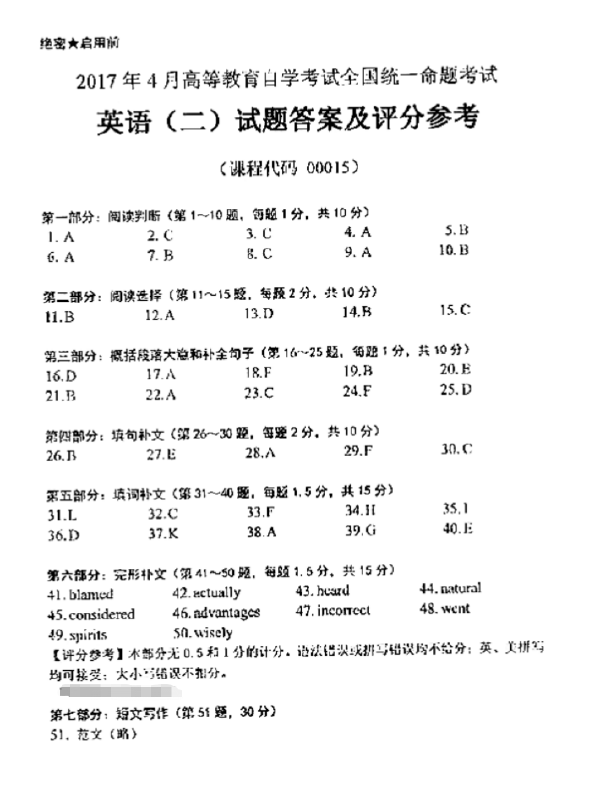 2017年4月自考英語二真題答案-1 2017年4月自考英語二真題答案-1