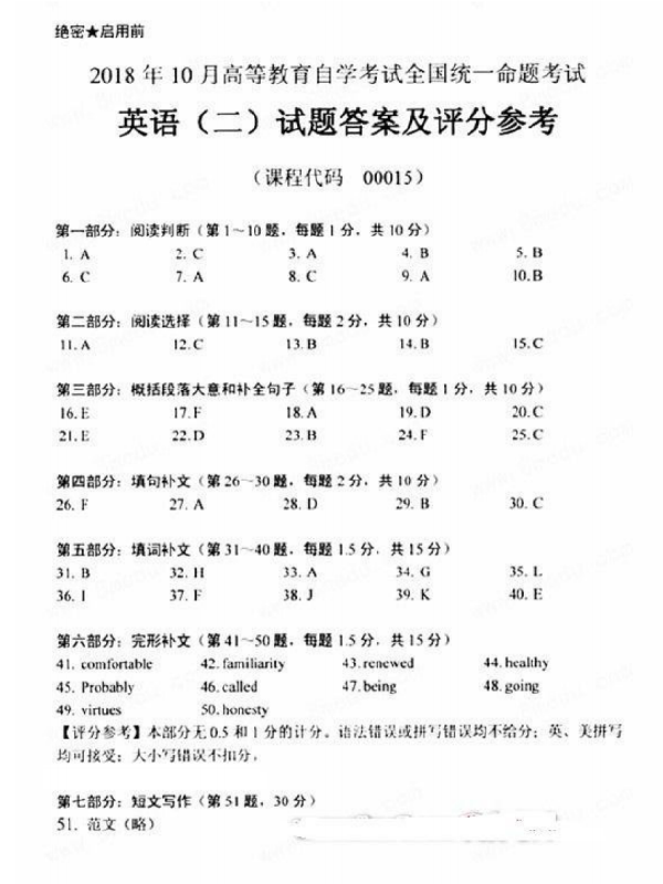 2018年10月自考英語二真題答案-1 2018年10月自考英語二真題答案-1