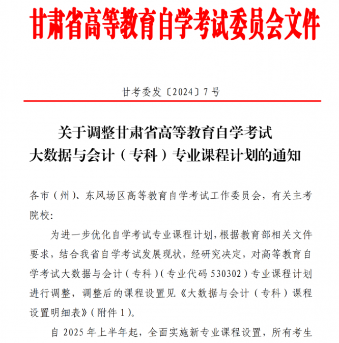 關(guān)于調(diào)整甘肅省高等教育自學(xué)考試大數(shù)據(jù)與會(huì)計(jì)（專(zhuān)科）專(zhuān)業(yè)課程計(jì)劃的通知