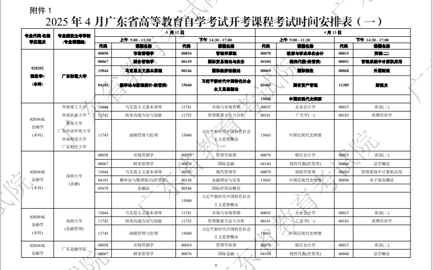 2025年4月廣東省自考考試安排