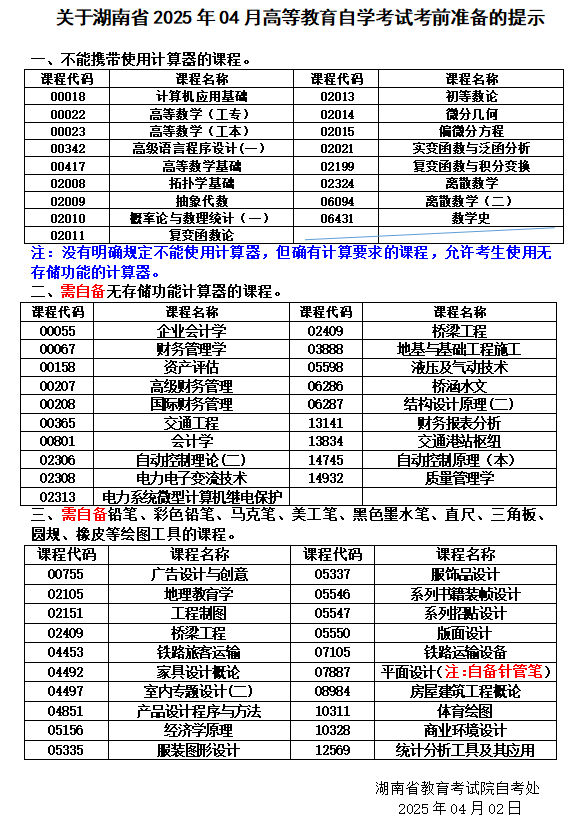 關(guān)于湖南省2025年04月高等教育自學(xué)考試考前準(zhǔn)備的提示 關(guān)于湖南省2025年04月高等教育自學(xué)考試考前準(zhǔn)備的提示